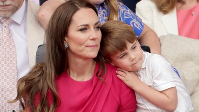 Prince Louis leans on Kate, Duchess of Cambridge, during the Platinum Jubilee Pageant held outside Buckingham Palace, in London, Sunday June 5, 2022, on the last of four days of celebrations to mark the Platinum Jubilee. (AP) Prince Louis leans on Kate, Duchess of Cambridge, during the Platinum Jubilee Pageant held outside Buckingham Palace, in London, Sunday June 5, 2022, on the last of four days of celebrations to mark the Platinum Jubilee. (AP)