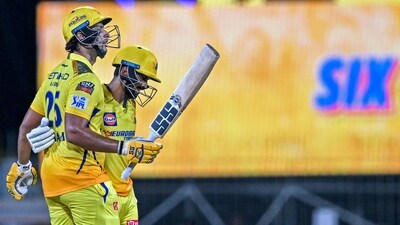 Gaikwad (108*) and Shivam Dube (66) guided CSK to 210-4 in 20 overs. (AFP) Gaikwad (108*) and Shivam Dube (66) guided CSK to 210-4 in 20 overs. (AFP)