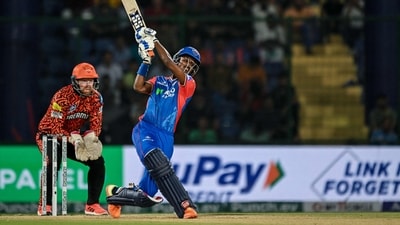 Delhi Capitals' Abishek Porel (R) plays a shot (AFP) Delhi Capitals' Abishek Porel (R) plays a shot (AFP)