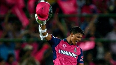 Jaiswal got to his century in 59 balls and hit the winning runs with a four off the fourth ball of the penultimate over. (AFP) Jaiswal got to his century in 59 balls and hit the winning runs with a four off the fourth ball of the penultimate over. (AFP)