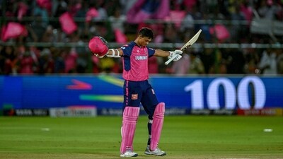 Rajasthan Royals' Yashasvi Jaiswal celebrates after scoring a century (100 runs) during the Indian Premier League (IPL) Twenty20 cricket match (AFP) Rajasthan Royals' Yashasvi Jaiswal celebrates after scoring a century (100 runs) during the Indian Premier League (IPL) Twenty20 cricket match (AFP)