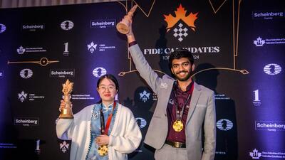 D Gukesh (right) and Tan Zhongyi , winner of the Women’s section, with their trophies at the closing ceremony of the FIDE Candidates tournament in Toronto, Canada, on Monday. (Michal Walusza/FIDE) D Gukesh (right) and Tan Zhongyi , winner of the Women’s section, with their trophies at the closing ceremony of the FIDE Candidates tournament in Toronto, Canada, on Monday. (Michal Walusza/FIDE)