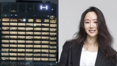Lights on at HYBE office (L); ADOR CEO Min Hee-jin. Lights on at HYBE office (L); ADOR CEO Min Hee-jin.