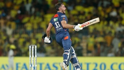 Marcus Stoinis celebrates after scoring the winning runs in the Indian Premier League cricket match between Chennai Super Kings and Lucknow Super Giants. (AP) Marcus Stoinis celebrates after scoring the winning runs in the Indian Premier League cricket match between Chennai Super Kings and Lucknow Super Giants. (AP)