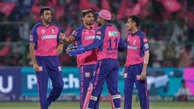 Rajasthan Royals' Sandeep Sharma, second left, celebrates the dismissal of Mumbai Indians' Suryakumar Yadav (AP) Rajasthan Royals' Sandeep Sharma, second left, celebrates the dismissal of Mumbai Indians' Suryakumar Yadav (AP)