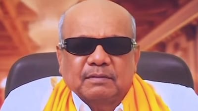 The Dravida Munnetra Kazhagam (DMK) has generated intensely realistic AI renderings of its iconic former president, M. Karunanidhi, delivering rousing speeches praising his son M.K. Stalin's leadership. (Screengrab of Karunanidhi's AI avatar video from a telecast/X)