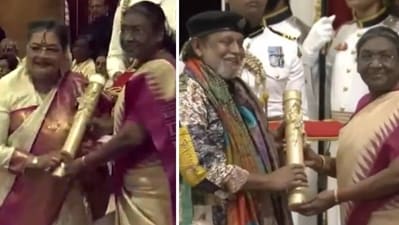 Usha Uthup and Mithun Chakraborty receive their Padma Bhushan awards from President Draupadi Murmu in New Delhi Usha Uthup and Mithun Chakraborty receive their Padma Bhushan awards from President Draupadi Murmu in New Delhi