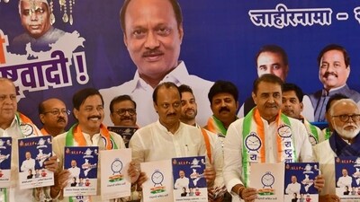 Mumbai, India – April 22, 2024: Nationalist Congress Party (NCP) leaders Ajit Pawar and Praful Patel release party’s manifesto for Lok Sabha elections, in Mumbai, India, on Monday, April 22, 2024. (Photo by Bhushan Koyande/HT Photo) Mumbai, India – April 22, 2024: Nationalist Congress Party (NCP) leaders Ajit Pawar and Praful Patel release party’s manifesto for Lok Sabha elections, in Mumbai, India, on Monday, April 22, 2024. (Photo by Bhushan Koyande/HT Photo)