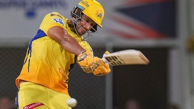 Shivam Dube in full flow against LSG. (PTI) Shivam Dube in full flow against LSG. (PTI)