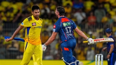 Lucknow Super Giants batter Marcus Stoinis celebrates after winning the Indian Premier League (IPL) T20 cricket match over Chennai Super Kings, at MA Chidambaram Stadium, in Chennai (PTI)