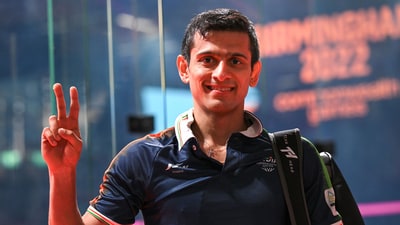 India's Saurav Ghosal flashes the victory sign (PTI) India's Saurav Ghosal flashes the victory sign (PTI)