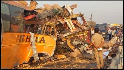 The bus broke the divider and went to the other side of the road before colliding with the truck. (Sourced) The bus broke the divider and went to the other side of the road before colliding with the truck. (Sourced)