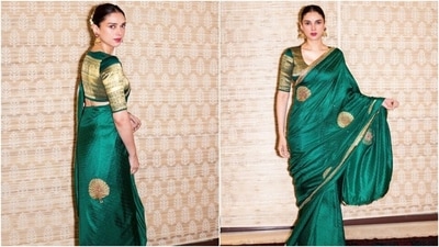 Lastly, Aditi chose feathered brows, muted brown eye shadow, mascara on the lashes, pink lip shade, rouge on the cheekbones, and beaming highlighter for the glam picks. A centre-parted sleek bun adorned with white gajra gave the finishing touch. (Instagram) Lastly, Aditi chose feathered brows, muted brown eye shadow, mascara on the lashes, pink lip shade, rouge on the cheekbones, and beaming highlighter for the glam picks. A centre-parted sleek bun adorned with white gajra gave the finishing touch. (Instagram)