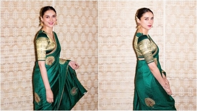Aditi Rao Hydari's ethnic wear collection never misses the mark. The actor is always eager to experiment with vibrant and eye-catching traditional picks. However, her love for classic silhouettes seems to hold a special place in the 37-year-old's closet, especially the six-yard drape. Sarees are Aditi's go-to for attending any event. Recently, she wore a gorgeous green embroidered silk saree for a photoshoot. Scroll through to check it out. (Instagram) Aditi Rao Hydari's ethnic wear collection never misses the mark. The actor is always eager to experiment with vibrant and eye-catching traditional picks. However, her love for classic silhouettes seems to hold a special place in the 37-year-old's closet, especially the six-yard drape. Sarees are Aditi's go-to for attending any event. Recently, she wore a gorgeous green embroidered silk saree for a photoshoot. Scroll through to check it out. (Instagram)