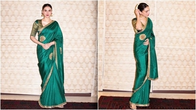 Aditi accessorised the traditional ensemble with statement-making jewellery, including her stunning diamond engagement ring and ornate jhumkis adorned with delicate beads and red gemstones. Golden Kolhapuri sandals rounded off the ethnic look. (Instagram) Aditi accessorised the traditional ensemble with statement-making jewellery, including her stunning diamond engagement ring and ornate jhumkis adorned with delicate beads and red gemstones. Golden Kolhapuri sandals rounded off the ethnic look. (Instagram)