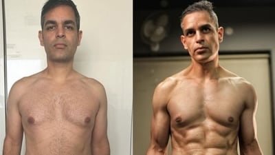 Ankur Warikoo shared these before (left) and after (right) pics after losing ten kg in a year to become a "different person". (Instagram/@ankurwarikoo) Ankur Warikoo shared these before (left) and after (right) pics after losing ten kg in a year to become a "different person". (Instagram/@ankurwarikoo)