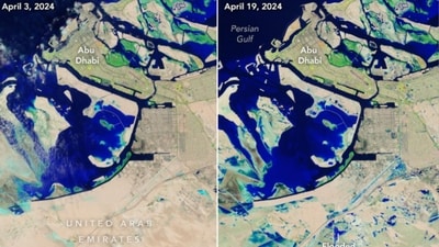 Satellite images capture Abu Dhabi before (left) and after (right) historic flooding in several parts of the UAE. (NASA) Satellite images capture Abu Dhabi before (left) and after (right) historic flooding in several parts of the UAE. (NASA)