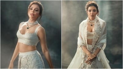 Kajal chose a pearl layered necklace featuring a black stone pendant, statement rings, and bow-adorned white pumps to accessorise the summer wedding-ready ensemble. Lastly, she opted for smoky eye shadow, heavy mascara on the lashes, on-fleek darkened brows, winged eyeliner, glossy mauve lip shade, rouge on the cheekbones, and bronze highlighter for the contours to round off the glam picks. A messy low bun with loose strands sculpting her face gave the finishing touch to Kajal's look. (Instagram) Kajal chose a pearl layered necklace featuring a black stone pendant, statement rings, and bow-adorned white pumps to accessorise the summer wedding-ready ensemble. Lastly, she opted for smoky eye shadow, heavy mascara on the lashes, on-fleek darkened brows, winged eyeliner, glossy mauve lip shade, rouge on the cheekbones, and bronze highlighter for the contours to round off the glam picks. A messy low bun with loose strands sculpting her face gave the finishing touch to Kajal's look. (Instagram)