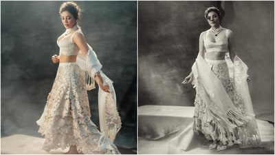 The ivory lehenga set features a sleeveless bralette featuring broad shoulder straps, a fitted silhouette, a plunging neckline flaunting her decolletage, a cropped midriff-baring hem, and embroidered floral threadwork. Meanwhile, the lehenga has dozens of rose applique embroidery on a sheer overlay, a train on the back, an asymmetrical hem, and a figure-skimming silhouette. (Instagram) The ivory lehenga set features a sleeveless bralette featuring broad shoulder straps, a fitted silhouette, a plunging neckline flaunting her decolletage, a cropped midriff-baring hem, and embroidered floral threadwork. Meanwhile, the lehenga has dozens of rose applique embroidery on a sheer overlay, a train on the back, an asymmetrical hem, and a figure-skimming silhouette. (Instagram)