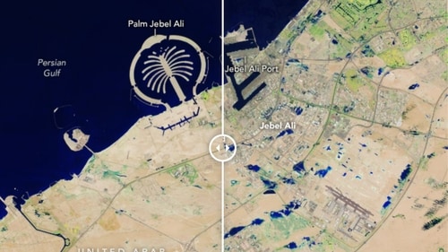 The image shows the before and after situation in Jabel Ali after flooding. (NASA) The image shows the before and after situation in Jabel Ali after flooding. (NASA)