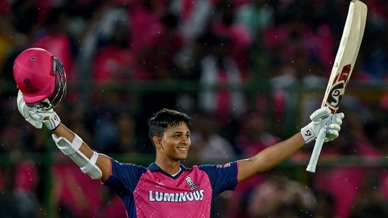 Rajasthan Royals' Yashasvi Jaiswal celebrates after scoring a century vs Mumbai Indians in IPL 2024 (AFP)