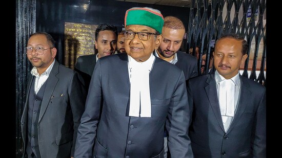 Congress leader P Chidambaram at party office in Shimla onTuesday. (PTI)