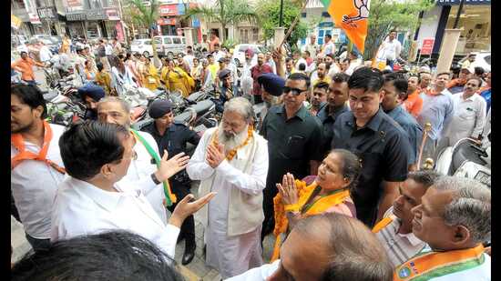 Former home minister Anil Vij in Ambala on Tuesday. (HT Photo)