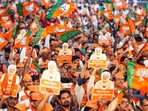 BJP supporters at Prime Minister Narendra Modi's rally in Chikkaballapur, Karnataka.(PTI Photo)