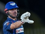 Marcus Stoinis gestures during the Indian Premier League (IPL) Twenty20 cricket match vs Chennai Super Kings 