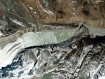 A satellite image shows the Himalayan Glacial Lake after it burst its banks and caused flash floods, in South Lhonak Lake, Sikkim, India, October 6, 2023. (via REUTERS)