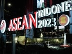 This photograph taken on August 10, 2023 shows the logo of the ASEAN Summit 2023 displayed in Jakarta. (Photo by Yasuyoshi CHIBA / AFP)(AFP)