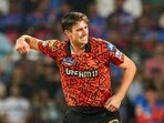 Sunrisers Hyderabad bowler Pat Cummins celebrates the wicket of Royal Challengers Bengaluru batter Faf du Plessis Sunrisers Hyderabad bowler Pat Cummins celebrates the wicket of Royal Challengers Bengaluru batter Faf du Plessis