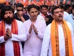 Siliguri: Union MoS for Youth Affairs and Sports Nisith Pramanik and Leader of the Opposition in West Bengal Assembly Suvendu Adhikari with BJP candidate from Darjeeling constituency Raju Bista during an election campaign for Lok Sabha polls, in Siliguri, Tuesday, April 23, 2024. Siliguri: Union MoS for Youth Affairs and Sports Nisith Pramanik and Leader of the Opposition in West Bengal Assembly Suvendu Adhikari with BJP candidate from Darjeeling constituency Raju Bista during an election campaign for Lok Sabha polls, in Siliguri, Tuesday, April 23, 2024.