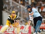Sachin Tendulkar goes down the ground. Sachin Tendulkar goes down the ground.