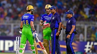 Royal Challengers Bengaluru's Virat Kohli and Faf du Plessis (c) speak to the on-field umpires after Virat was given out on a slow full toss by Kolkata Knight Riders' Harshit Rana (ANI) Royal Challengers Bengaluru's Virat Kohli and Faf du Plessis (c) speak to the on-field umpires after Virat was given out on a slow full toss by Kolkata Knight Riders' Harshit Rana (ANI)