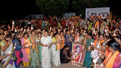 Union Minister of State for Agriculture & Farmer's Welfare Shobha Karandlaje along with Bharatiya Janata Party (BJP) supporters holding a candle-light vigil seeking justice for Neha Hiremath, daughter of a Congress corporator Niranjan Hiremath, who was recently killed on a college campus in Hubbali, at Pride Park, in Bengaluru on Tuesday. (ANI Photo) (Shobha Karandlaje-X) Union Minister of State for Agriculture & Farmer's Welfare Shobha Karandlaje along with Bharatiya Janata Party (BJP) supporters holding a candle-light vigil seeking justice for Neha Hiremath, daughter of a Congress corporator Niranjan Hiremath, who was recently killed on a college campus in Hubbali, at Pride Park, in Bengaluru on Tuesday. (ANI Photo) (Shobha Karandlaje-X)