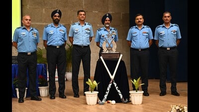 Air Vice Marshal Sartaj Bedi (third from right), along with senior officers, after the press conference at 3 BRD, Air Force Station in Chandigarh on Wednesday. (Keshav Singh/HT) Air Vice Marshal Sartaj Bedi (third from right), along with senior officers, after the press conference at 3 BRD, Air Force Station in Chandigarh on Wednesday. (Keshav Singh/HT)