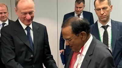 NSA Ajit Doval meets Secretary of the Security Council of the Russian Federation, Nikolai Patrushev, on the sidelines of the XII International Meeting of High Ranking Officials Responsible for Security Matters in St Petersburg on Wednesday. (Image posted on X by the Indian embassy in Moscow) NSA Ajit Doval meets Secretary of the Security Council of the Russian Federation, Nikolai Patrushev, on the sidelines of the XII International Meeting of High Ranking Officials Responsible for Security Matters in St Petersburg on Wednesday. (Image posted on X by the Indian embassy in Moscow)