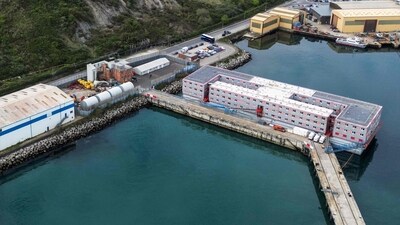 An aerial photograph taken on April 24, 2024 shows the Bibby Stockholm accommodation barge, moored to the quayside at Portland Port, in Portland, on the south-west coast of England. (AFP) An aerial photograph taken on April 24, 2024 shows the Bibby Stockholm accommodation barge, moored to the quayside at Portland Port, in Portland, on the south-west coast of England. (AFP)