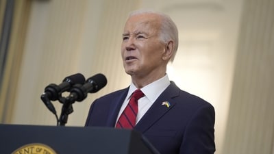 President Joe Biden speaks before signing a $95 billion Ukraine aid package that also includes support for Israel, Taiwan, and other allies, in the State Dining Room of the White House, Wednesday, April 24, 2024, in Washington. (AP Photo/Evan Vucci) (AP) President Joe Biden speaks before signing a $95 billion Ukraine aid package that also includes support for Israel, Taiwan, and other allies, in the State Dining Room of the White House, Wednesday, April 24, 2024, in Washington. (AP Photo/Evan Vucci) (AP)
