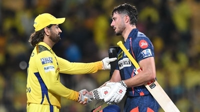Lucknow Super Giants' Marcus Stoinis shakes hands with Chennai Super Kings' MS Dhoni (L) at the end of the Indian Premier League (IPL) match (AFP) Lucknow Super Giants' Marcus Stoinis shakes hands with Chennai Super Kings' MS Dhoni (L) at the end of the Indian Premier League (IPL) match (AFP)