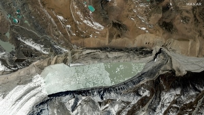 A satellite image shows the Himalayan Glacial Lake after it burst its banks and caused flash floods, in South Lhonak Lake, Sikkim, India, October 6, 2023. (via REUTERS)