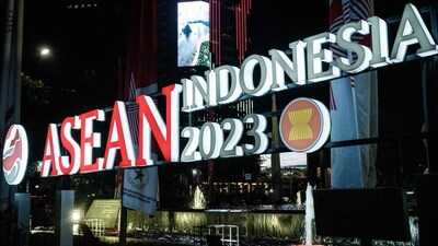 This photograph taken on August 10, 2023 shows the logo of the ASEAN Summit 2023 displayed in Jakarta. (Photo by Yasuyoshi CHIBA / AFP) (AFP) This photograph taken on August 10, 2023 shows the logo of the ASEAN Summit 2023 displayed in Jakarta. (Photo by Yasuyoshi CHIBA / AFP) (AFP)