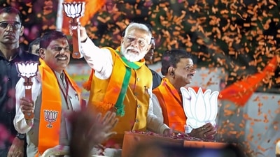 Prime Minister Narendra Modi holds a roadshow with Madhya Pradesh Chief Minister Mohan Yadav in support of the Bharatiya Janata Party (BJP) candidate from Bhopal seat Alok Sharma for the second phase of the Lok Sabha elections, in Bhopal on Wednesday. (ANI)