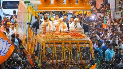 Bengaluru: Home minister Amit Shah with BJP's Bengaluru South candidate Tejasvi Surya. (PTI file photo) Bengaluru: Home minister Amit Shah with BJP's Bengaluru South candidate Tejasvi Surya. (PTI file photo)