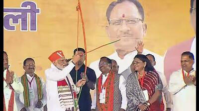 Surguja: Prime Minister Narendra Modi during a public meeting for the Lok Sabha elections, in Surguja district, Chhattisgarh, Wednesday (PTI/BJP4India)
