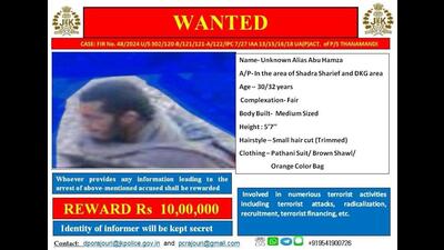 The Jammu and Kashmir Police on Wednesday announced a reward of ₹10 lakh for information leading to terrorist Abu Hamza’s arrest. (Police handout) The Jammu and Kashmir Police on Wednesday announced a reward of ₹10 lakh for information leading to terrorist Abu Hamza’s arrest. (Police handout)
