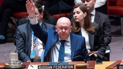 Russian Permanent Representative to the UN Vassily Nebenzia raises his hand to veto the Non-proliferation of nuclear weapons resolution bill during a meeting of U.N. Security Council members, Wednesday, April 24, 2024 at United Nations headquarters. (AP Photo/Eduardo Munoz Alvarez) (AP) Russian Permanent Representative to the UN Vassily Nebenzia raises his hand to veto the Non-proliferation of nuclear weapons resolution bill during a meeting of U.N. Security Council members, Wednesday, April 24, 2024 at United Nations headquarters. (AP Photo/Eduardo Munoz Alvarez) (AP)