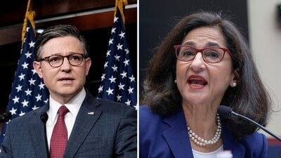 Mike Johnson has called for Columbia University president Minouche Shafik to resign (REUTERS/Michael A. McCoy/File Photo/File Photo, AP Photo/Mariam Zuhaib)