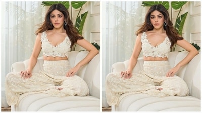Her stunning outfit comes from the shelves of fashion brand Asaga and features a deep v-neck blouse with floral embellishments all over. She teamed it with a matching pair of high-waisted palazzo trousers with intricate hand embroidery or sequin work. (Instagram/@alayaf) Her stunning outfit comes from the shelves of fashion brand Asaga and features a deep v-neck blouse with floral embellishments all over. She teamed it with a matching pair of high-waisted palazzo trousers with intricate hand embroidery or sequin work. (Instagram/@alayaf)